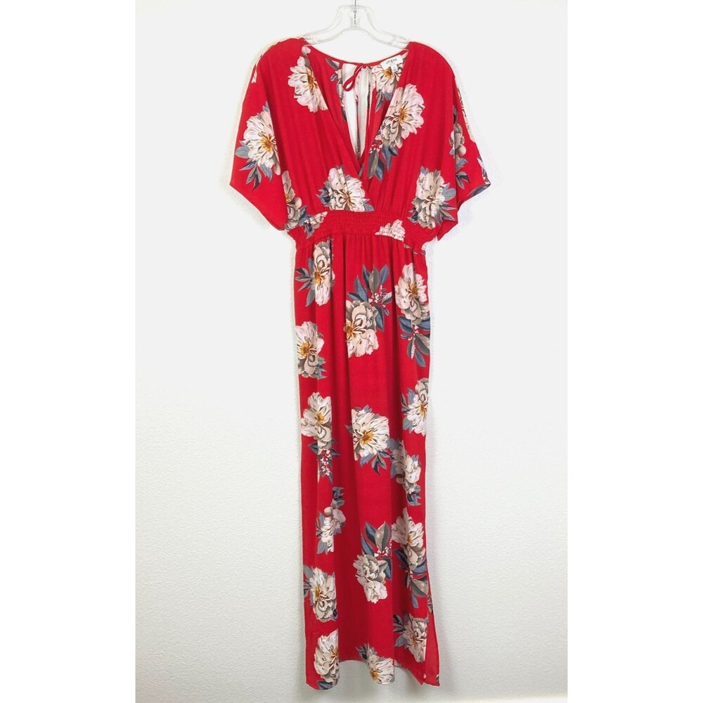 Umgee Women's Maxi Dress Size S Red Floral Side Slits Smocked Waist Short Sleeve